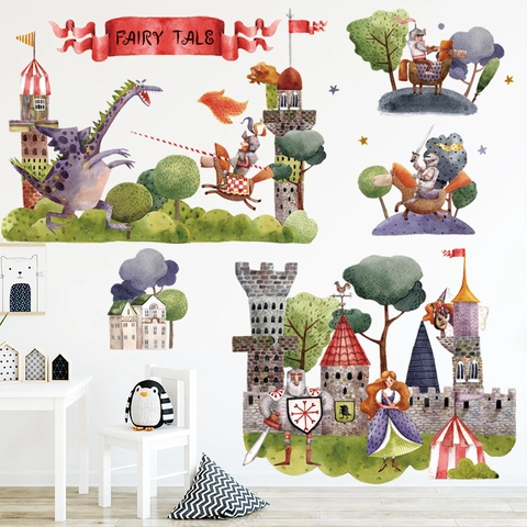 Pegatinas de Pared de Cuento de Hadas de Dibujos Animados Acuarela Dragón Caballero Castillo Princesa Papel Pintado de PVC