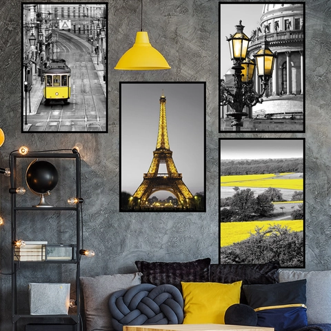 Moderno Adesivi Murali Paesaggio Parigi Torre Eiffel Tram Giallo PVC Impermeabile Removibile per Soggiorno Casa