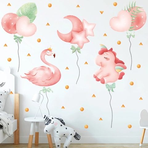 Watercolor Pink Flamingo Unicorn Wall Stickers Kids Room Nursery PVC Waterproof DIY Heart Balloon Star Moon Wall Decals