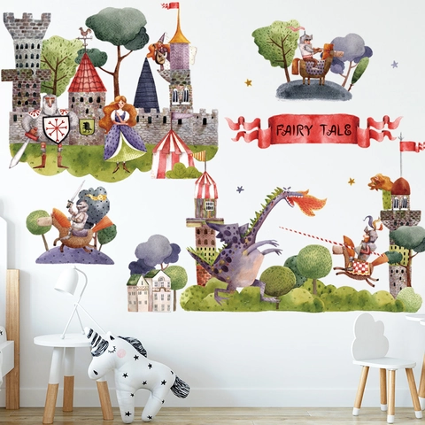 Pegatinas de Pared de Cuento de Hadas de Dibujos Animados Acuarela Dragón Caballero Castillo Princesa Papel Pintado de PVC