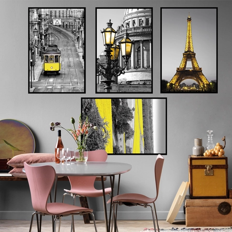 Moderno Adesivi Murali Paesaggio Parigi Torre Eiffel Tram Giallo PVC Impermeabile Removibile per Soggiorno Casa