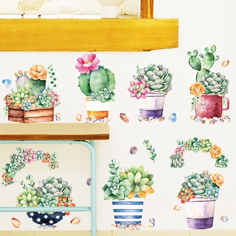 Aquarell Sukkulenten Wandaufkleber PVC Deko Aufkleber Für Wohnzimmer Schlafzimmer Kinderzimmer Frische Haus Dekoration Wandbild