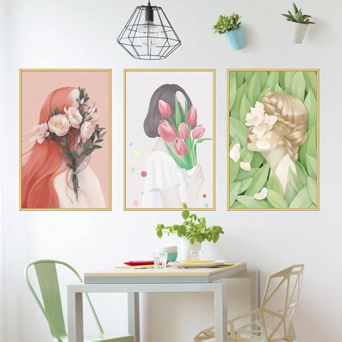 Adesivi Murali in PVC Removibili Nordici Impermeabili Autoadesivi Ritratto Floreale Donna Arte Murale Per Decorazione Camera