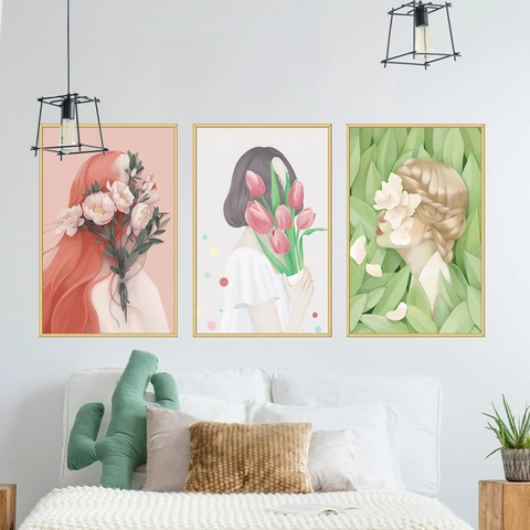 Adesivi Murali in PVC Removibili Nordici Impermeabili Autoadesivi Ritratto Floreale Donna Arte Murale Per Decorazione Camera