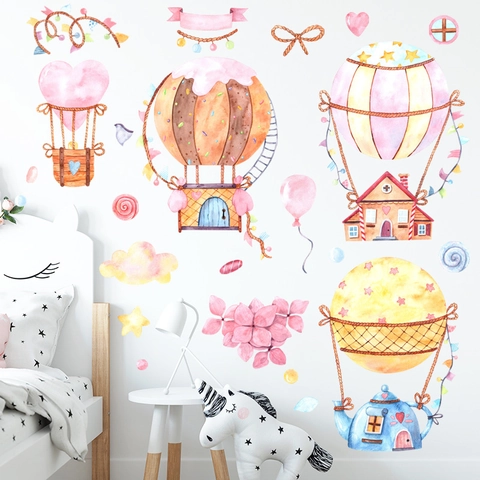 Aquarell Heißluftballon Wandtattoo Für Kinderzimmer Abnehmbar PVC Cartoon Aufkleber Wasserdicht Kindergarten Schlafzimmer Deko