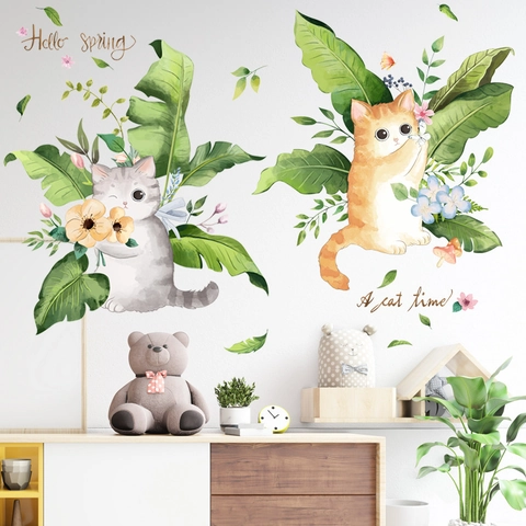 Adesivo da Parete con Gatto dei Cartoni Animati in Stile Nordico Foglia di Banana PVC Impermeabile DIY Decalcomania da Parete Rimovibile per Soggiorno Camera da Letto Decorazione