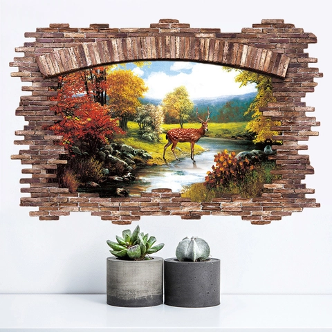 Adesivo da Parete PVC 3D Muro di Mattoni Rossi Rotto Cervo Autunnale Foresta Murale Autoadesivo per Soggiorno Casa