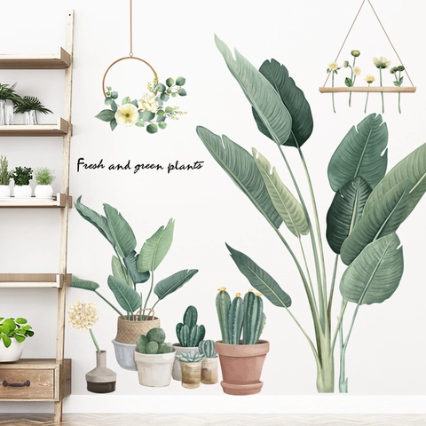 Stickers Muraux en PVC Plantes Vertes Style Nordique Cactus Monstera Feuilles de Bananier Décalcomanies Décoratives pour Salon