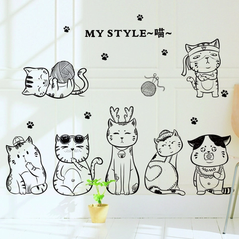 Cartoon Cat Wall Stickers Black Hand Drawn Removable PVC Wall Decal For Kids Room Living Room DIY Pet Shop Decoration