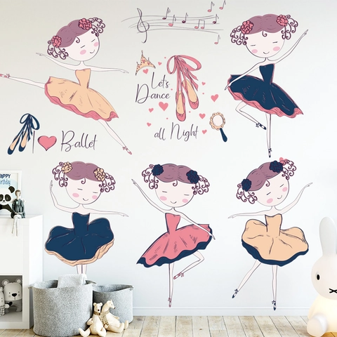 Stickers Muraux de Fille de Ballet de Dessin Animé Décalcomanies de Fille Dansante en PVC Amovibles pour Chambre d'Enfant Crèche Chambre à Coucher