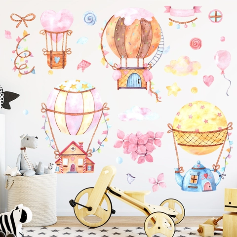 Aquarell Heißluftballon Wandtattoo Für Kinderzimmer Abnehmbar PVC Cartoon Aufkleber Wasserdicht Kindergarten Schlafzimmer Deko