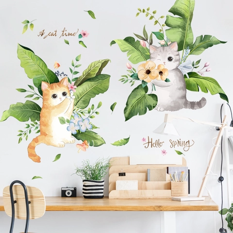 Adesivo da Parete con Gatto dei Cartoni Animati in Stile Nordico Foglia di Banana PVC Impermeabile DIY Decalcomania da Parete Rimovibile per Soggiorno Camera da Letto Decorazione