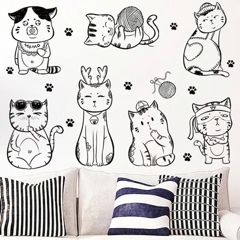 Cartoon Cat Wall Stickers Black Hand Drawn Removable PVC Wall Decal For Kids Room Living Room DIY Pet Shop Decoration