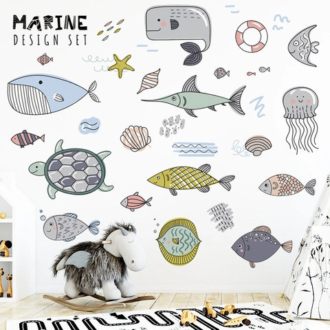 Cartoon Zeedieren Muurstickers Waterdicht PVC Zeeleven Sticker Voor Kinderkamer Badkamer Slaapkamer Huis Decoratie
