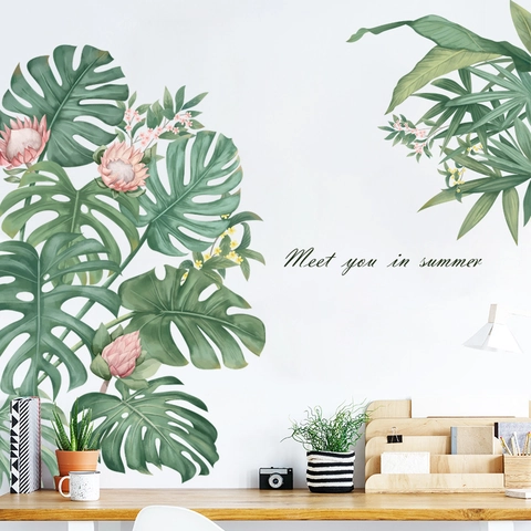 Pegatina de Pared Hojas de Monstera Verde Tropical y Flor Rosa PVC Impermeable Removible Planta Calcomanía de Pared