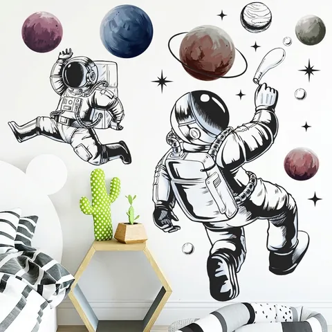 Astronaut Planet Space Wall Stickers For Kids Room PVC Waterproof Removable Self Adhesive Cartoon Universe Themed Decorative Wall Decals