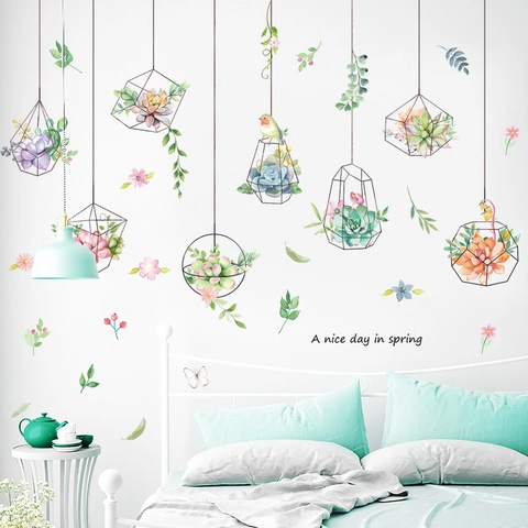 Aquarell Sukkulenten Wandtattoo Hängende Geometrische Käfige Botanische Blumen Schmetterling Vogel Dekor Für Wohnzimmer