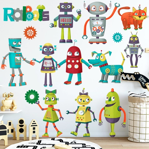 Cartoon Robot Wall Sticker Kids Room Nursery Decor Removable PVC Waterproof Wall Decals Mechanical Gear Art Mural Decoration