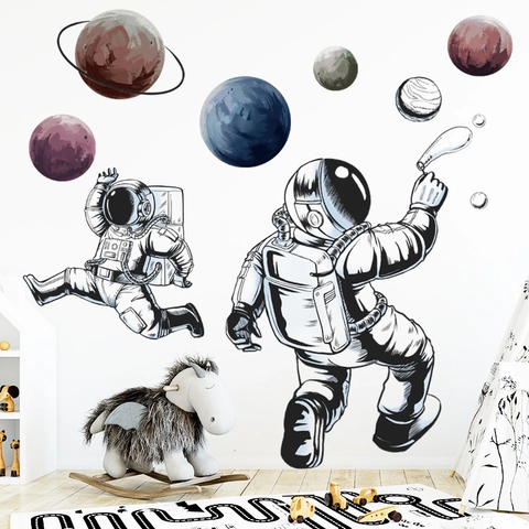 Astronaut Planet Space Wall Stickers For Kids Room PVC Waterproof Removable Self Adhesive Cartoon Universe Themed Decorative Wall Decals