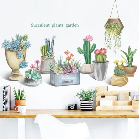 Sukkulenten Topfpflanzen Wandaufkleber Nordisch Aquarell PVC Selbstklebend Abnehmbar Wandtattoo Für Wohnzimmer Schlafzimmer Büro