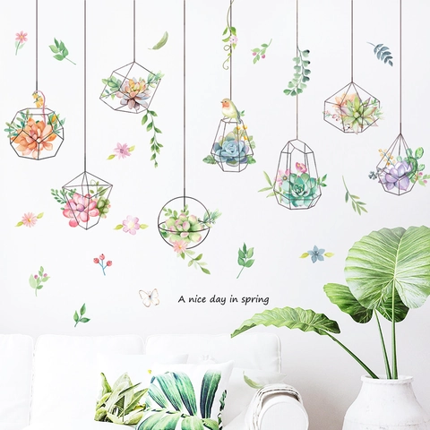Aquarell Sukkulenten Wandtattoo Hängende Geometrische Käfige Botanische Blumen Schmetterling Vogel Dekor Für Wohnzimmer