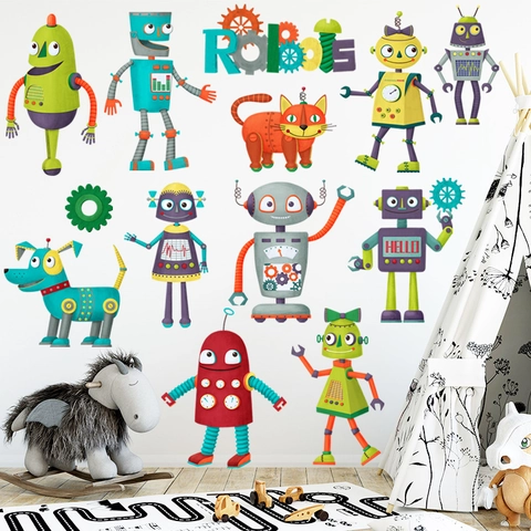 Cartoon Robot Wall Sticker Kids Room Nursery Decor Removable PVC Waterproof Wall Decals Mechanical Gear Art Mural Decoration