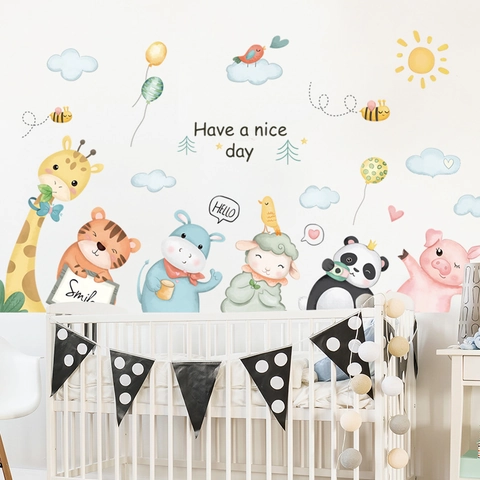 Stickers Muraux Animaux Dessin Animé Aquarelle Nordique Girafe Tigre Panda Autocollants PVC Amovibles Chambre Enfant