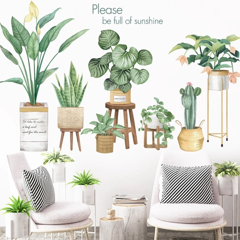 Adesivi Murali in PVC Piante Verdi Tropicali in Vaso Stile Nordico Monstera Cactus Decalcomanie Fai da Te per Soggiorno