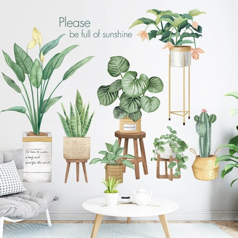 Adesivi Murali in PVC Piante Verdi Tropicali in Vaso Stile Nordico Monstera Cactus Decalcomanie Fai da Te per Soggiorno