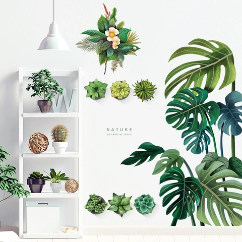 Nordic Monstera Leaf Succulent Potted Plant Wall Sticker PVC Removable Green Plants Floral Wall Decals For Living Room Home Decor