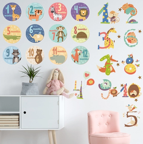 Cartoon Tier Baby Wachstum Meilenstein Wandsticker PVC Wasserdicht Lern Wandtattoo Für Kinderzimmer Deko