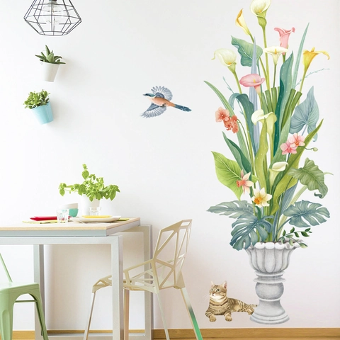 Watercolor Potted Plant Calla Lily Wall Sticker With Cat And Flying Bird PVC Waterproof Wall Decal For Living Room Decor