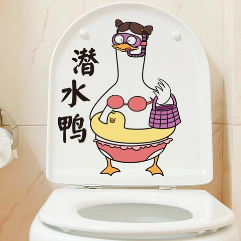Cartoon Diving Duck Toilet Seat Sticker Waterproof PVC Wall Decal For Bathroom Home Decor Removable Self Adhesive Sticker