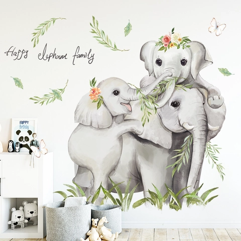 Watercolor Elephant Family Wall Stickers For Nursery Kids Room PVC Removable Animal Floral Wallpaper Home Decor Art Decal