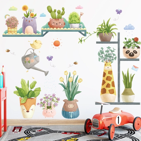 Adesivi Murali Piante in Vaso Animali Cartoni Animati PVC Autoadesivi Impermeabili Piante Verdi Tropici Camera Bambini