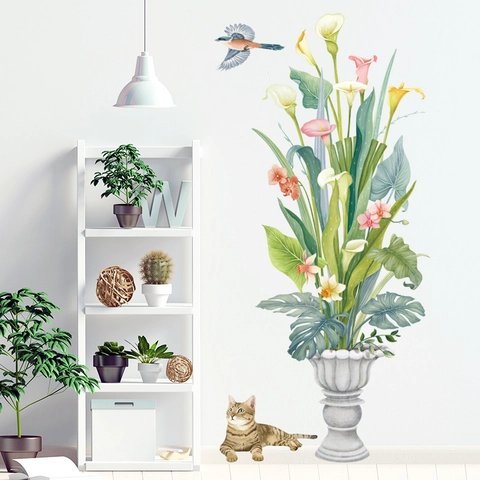 Watercolor Potted Plant Calla Lily Wall Sticker With Cat And Flying Bird PVC Waterproof Wall Decal For Living Room Decor
