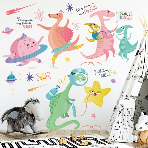Cartoon Dinosaur Space Astronaut Wall Stickers PVC Waterproof DIY Decals For Kids Nursery Room Decor Space Planet Theme