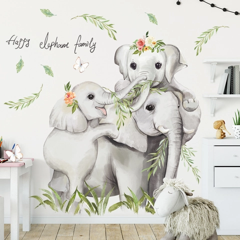 Watercolor Elephant Family Wall Stickers For Nursery Kids Room PVC Removable Animal Floral Wallpaper Home Decor Art Decal