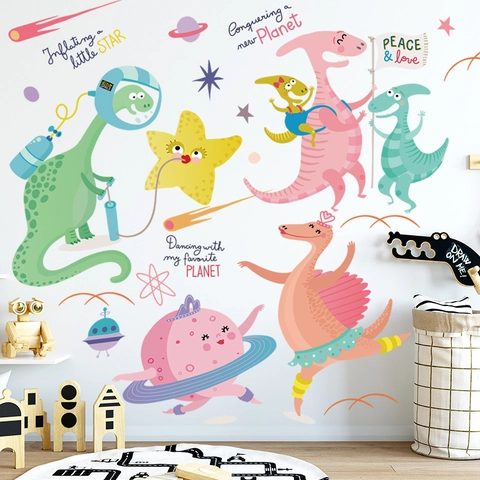 Cartoon Dinosaur Space Astronaut Wall Stickers PVC Waterproof DIY Decals For Kids Nursery Room Decor Space Planet Theme