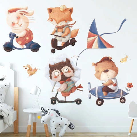 Cartoon Tiere Flugzeug Roller PVC Wandtattoo Wasserdicht Aquarell Handgemalt Aufkleber Für Kinderzimmer Kindergarten Deko