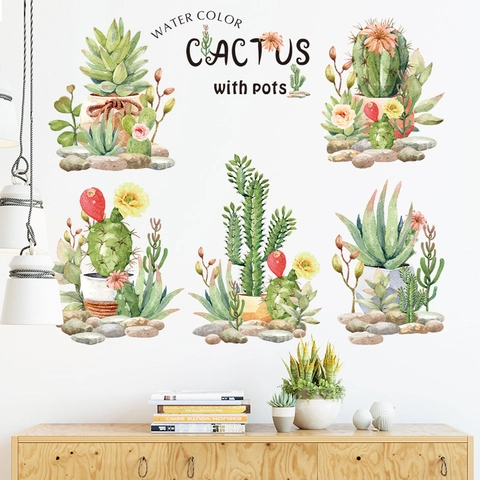 Aquarel Cactus Vetplanten Potplanten Muurstickers PVC Zelfklevend Noorse Stijl Verwijderbare DIY Home Decor Decal