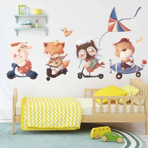 Cartoon Tiere Flugzeug Roller PVC Wandtattoo Wasserdicht Aquarell Handgemalt Aufkleber Für Kinderzimmer Kindergarten Deko