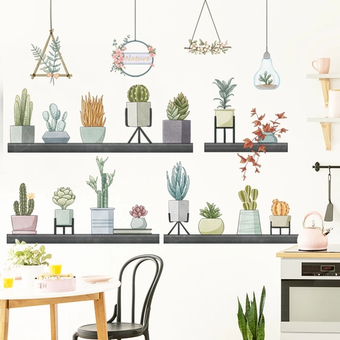 Adesivo da Parete Piante Succulente in Vaso Nordico PVC Rimovibile Autoadesivo Verde Cactus Decalcomania Parete per Camera da Letto Soggiorno
