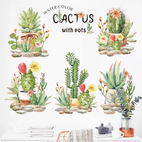 Aquarel Cactus Vetplanten Potplanten Muurstickers PVC Zelfklevend Noorse Stijl Verwijderbare DIY Home Decor Decal