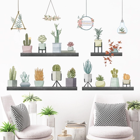Adesivo da Parete Piante Succulente in Vaso Nordico PVC Rimovibile Autoadesivo Verde Cactus Decalcomania Parete per Camera da Letto Soggiorno
