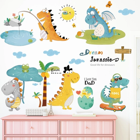 Cartoon Dinosaur Wall Stickers PVC Waterproof Removable Wall Decal For Kids Bedroom Playroom Nursery Kindergarten Classroom Decor