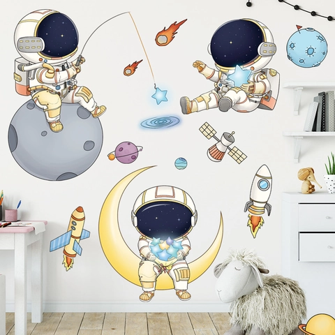 Astronaut Weltraum Wandaufkleber PVC Wasserdicht Cartoon Rakete Planet Aufkleber Für Kinderzimmer Kindergarten Dekoration