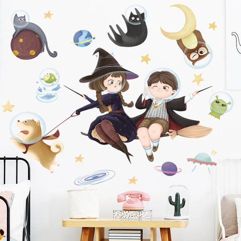 Sticker Mural Sorcier Magique Et Astronaute Spatial en PVC Imperméable DIY Décor Pour Chambre d'Enfant Chambre Halloween