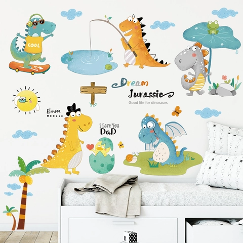 Cartoon Dinosaur Wall Stickers PVC Waterproof Removable Wall Decal For Kids Bedroom Playroom Nursery Kindergarten Classroom Decor