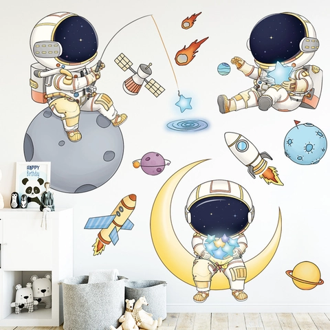Astronaut Weltraum Wandaufkleber PVC Wasserdicht Cartoon Rakete Planet Aufkleber Für Kinderzimmer Kindergarten Dekoration